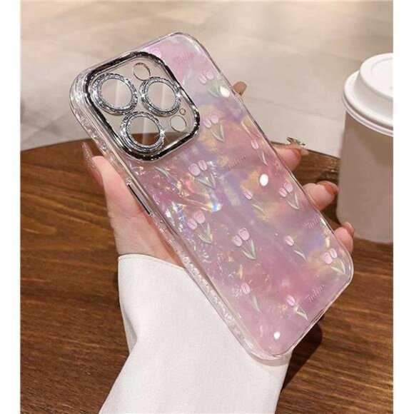 Iphone 16 16 Pro 16 Pro Max Cute Pink Tulip Floral Glitter Protective Cover - Picture 2 of 6